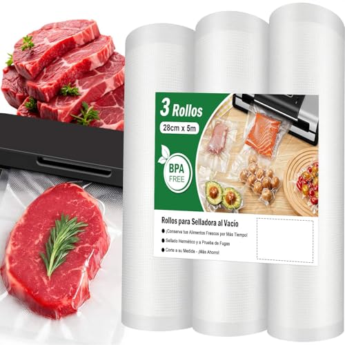 WONDOCK Bolsas para Sellado al Vacío Alimentos 28cm x 5m Corte Libre 3 Rollos Heavy Duty Bolsas Envasar al Vacio Compatible con Todas las Selladoras Sin BPA para Congelar y Cocinar Sous Vide