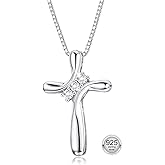FUNRUN JEWELRY 925 Sterling Silver Cross Necklace for Women 3 Stone Cubic Zirconia Silver Cross Pendant Necklaces with 1 MM Box Chain,18 Inches