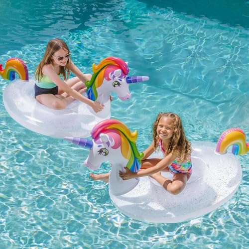 JOYIN Unicorn Pool Float Kids - Inflatable Rainbow Unicorn Floaty with Glitters Fun Pool Floats, Ride On Unicorn Beach Lake Floaties Raft Lounge, Party in Summer Decorations Pool Toys for Kids