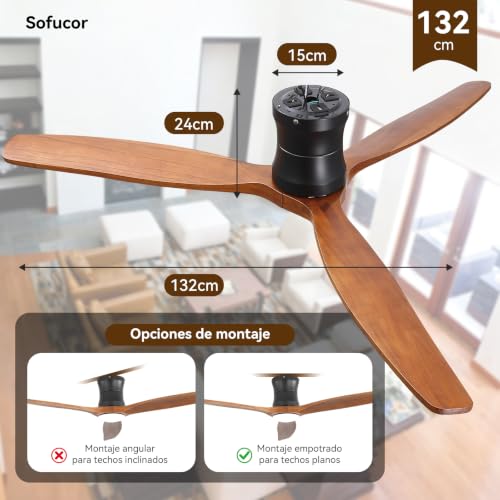 Sofucor Smart Ventilador de Techo con Luz, 132cm Madera Maciza Ventilador de Techo con Alexa/APP/WiFi, Mando a Distancia, DC, 3 Temperaturas de Color, Temporizador, 6 Velocidades para Salón