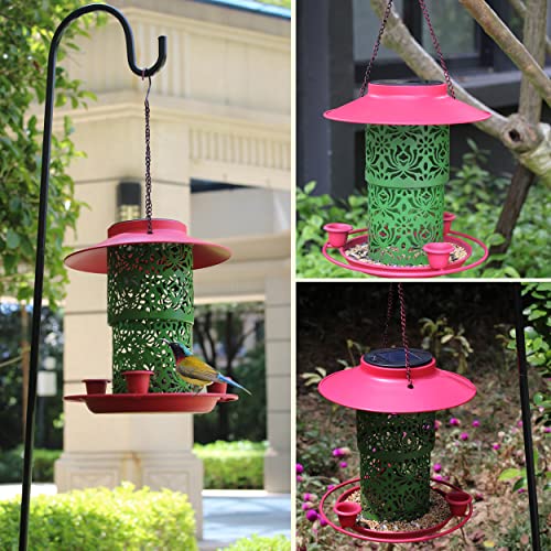 Solar Bird Feeders for Outdoors Hanging Garden Light,Metal Tube Feeders for Wild Birds Cardinals Feeding Station Retractable,3 Water Cups,Big Roof