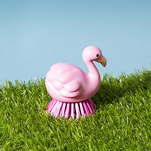 Flamingo Themed Kitchen Dish Scrubber - Plastic Palm Grip Scrub Brush With Nylon Bristles