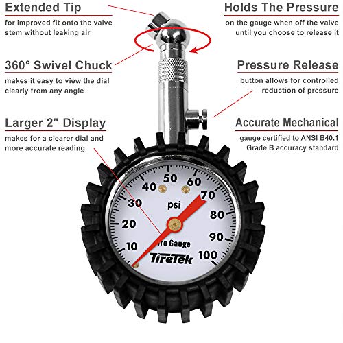 TireTek Tire Pressure Gauge 0100 PSI, ANSI Certified High Pressure