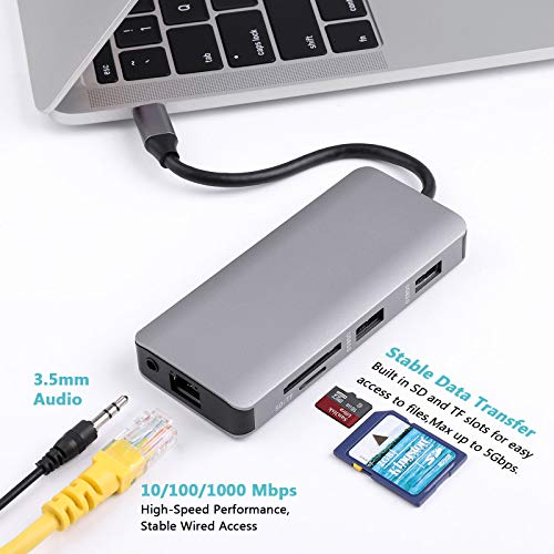 USB C Hub 9-in-1 Type C Hub with Gigabit Ethernet Port 2 USB 3.0 Ports SD/TF Card Reader, 3.5mm Audio Jack USB-C Power Delivery 4K USB C to HDMI VAG Portable for Mac Pro and Other Type C Laptops - Thumbnail 4