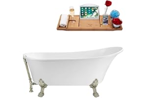 Streamline 67" Clawfoot Soaking Bathtub – Glossy White Acrylic Tub And Brushed Nickel External Drain With Bamboo Tray – Modern Oval Design – 69 Gallon Capacity