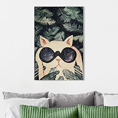 Canvas Wall Art - Vintage Watercolor Style Cat with a Cool Telescope Under Starry Night with Big Tropical Leaves - Giclee Print Gallery Wrap Modern Home Art Ready to Hang - 16x24 inches