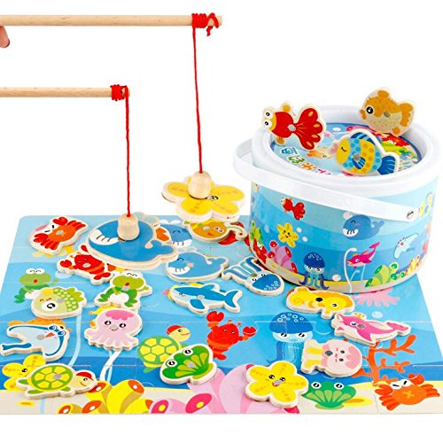 Zhisheng You Basic Educational Development Magnetic Wooden Fishing Puzzle Game with 30 Ocean Animal Magnets and 2 Pole Educational Gift Toys for Kid Children Baby Toddler Boy Girl