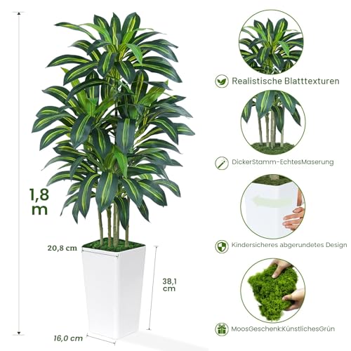 Keeplush Kunstpflanze Dracaena Pflanze 180cm mit Weißem Pflanzgefäß, Künstliche Pflanzen groß wie echt mit 108 Blätter, Kunstbaum groß für Innendekor Wohnzimmer Schlafzimmer Büro Garten Haus Decor