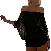 Chvity Women's Sexy Sheer Off The Shoulder Mini Dress Loose Fit Batwing Ruched Casual Party Club Night Out Dress