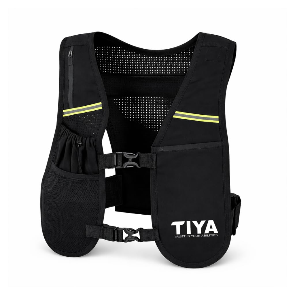 TIYA Hydration Running Vest - Waterproof Phone Pouch, Water Bottle Pocket – Lightweight, Adjustable, Reflective Running Accessories For Men Women – Black (WITHOUT 500ml Bottle)