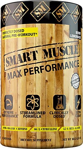 Smart Muscle MAX Performance - CLINICALLY DOSED Natural PREWORKOUT - NONGMO Powerhouse with PurCaf® Organic Caffeine is The cleanest Most Effective Training Supplement Ever Made or Your Money Back.