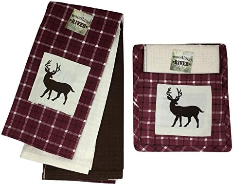 Woodland River Embroidered Dish Towel and Pot Holder, Set of 5 (Deer)