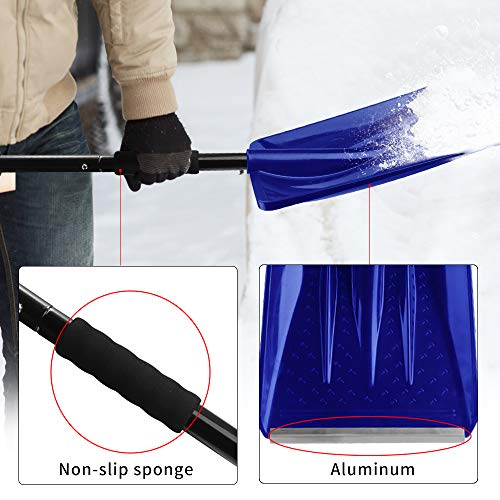 V VONTOX Snow Shovel, Detachable Plastic Snow Shovel with D-Grip Handle and Aluminum Edge Blade,Portable Compact for Car, Truck, Outdoor Camping Garden (with Small Snow Shovel Scraper) (Blue)