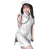 Women's Sweet Nurse Costume Short Sleeve Doll Collar Zip Up Nurse Uniform Dress