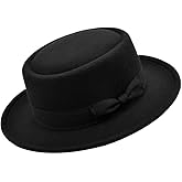 Pork Pie Hat for Men Women Felt Boater Porkpie Cap Flat Top Fedora Hat Derby Cap (Black Head Circumference 22-22.8 inch)