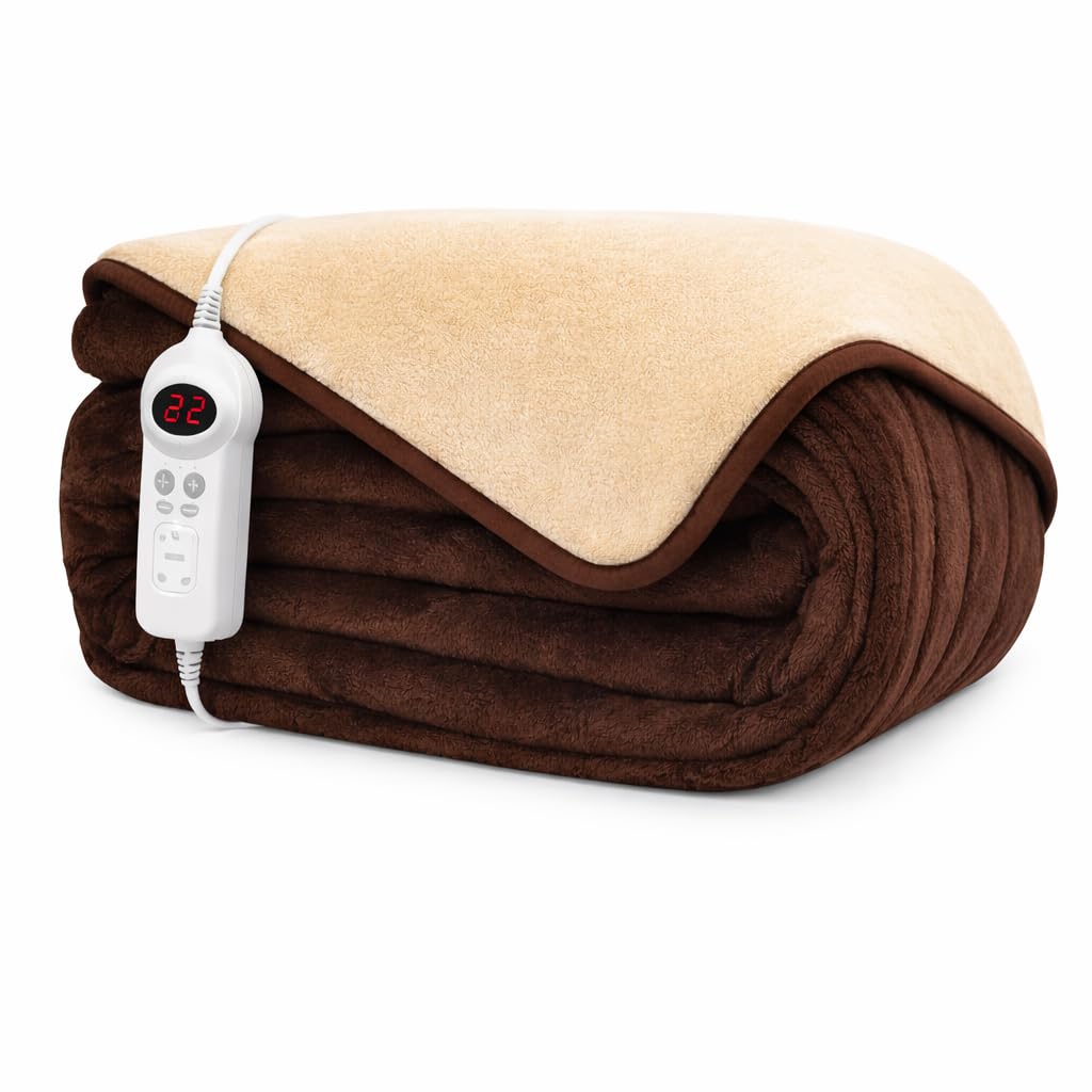 Homefront Electric Heated Throw Over Blanket Reversible Brown and Cream, XL Family Size 130 x 200cm, Easy To Use, Digital Control, Machine Washable, Ultra Soft Premium Luxury Finish