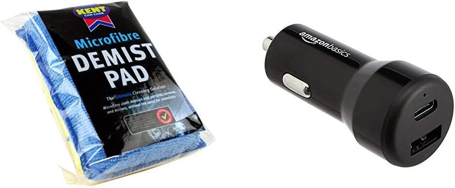 Kent Car Care Microfibre Demist Pad + AmazonBasics USB-C (15W) and USB-A (12W) Car Charger