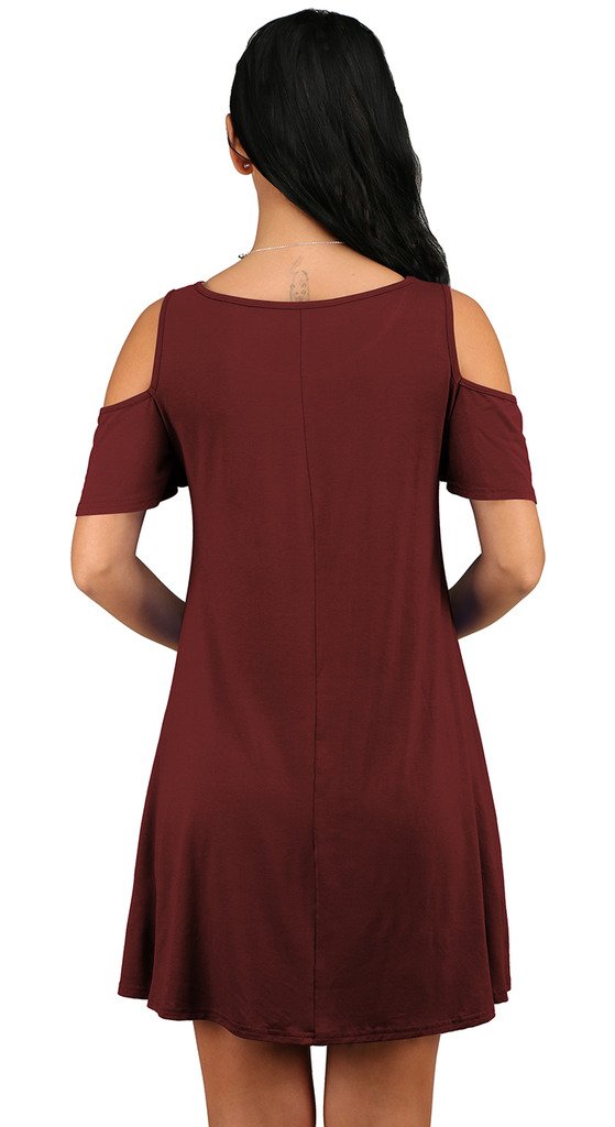 Women\'s Casual Short Sleeve Two Side Pockets Tunic T-Shirt Dress Wine Red S