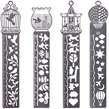 FunRun Pack of 4 Hollow Metal Bookmark, Drawing Templates Ruler School Office Supply Art Kids Gift Student Stationery DIY Photo Album Diary Accessories