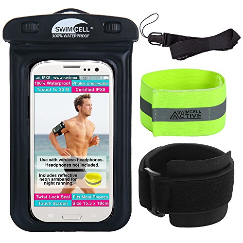Waterproof Phone Holder Armband Case for Swimming Running Walking NO Headphone Jack. Fits Standard Size Phones up to 5.9 ich/ 15cm- iPhone, Samsung, Android. Adjustable Armband and Neck Lanyard.