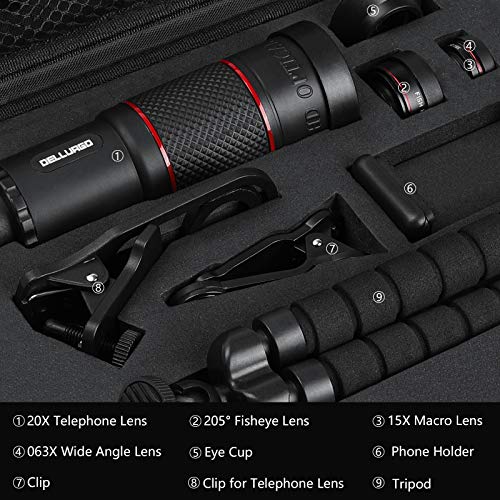 DELLURGO Phone Camera Lens 20x Telephoto Lens 205° Fisheye Lens 15x Macro Lens 0.63x Wide Angle Lens with Tripod Travel Case Cell Phone Lens Kit for iPhone XR/Xs/Max/8/7/6 Plus/Samsung/Google Pixel