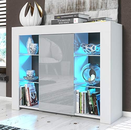 Mex Furniture Modern Cabinet Cupboard sideboard Matt Body and High Gloss Doors + FREE LED E107 (White/Grey)