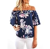 Hemlock Women's Summer Floral Printed Blouse Off Shoulder Tops Shirt (L, Navy)