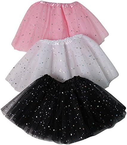 Girls Ballerina Sparkle Or Chiffon Tutu Beginner 3 Pack Dress Up Set (Black Sparkle/White Sparkle/Pink Sparkle)