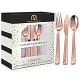 150pcs Rose Gold Plastic Cutlery | Rose Gold Plastic Silverware Livens Up Birthdays, Weddings & Bachelorette| Rose Gold Forks, Knives & Spoons| FDA Approved & BPA Free| Rose Gold Utensils, Cutlery set