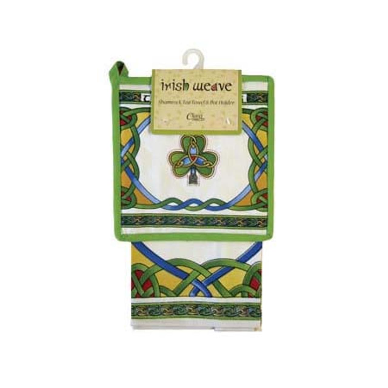 Royal Tara Irish Weave 100% Cotton Tea Towel and Pot Holder Set with Shamrock, Cetic High Cross, Claddagh Ring and Irish Harp Design
