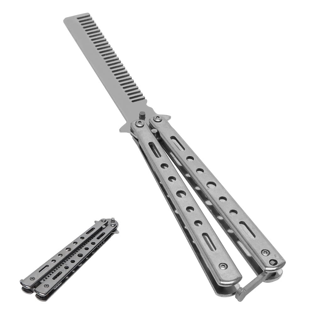 AZWOOD Portable Foldable Pocket Butterfly Comb - Stainless Steel Barber Comb for Hair Training and Styling