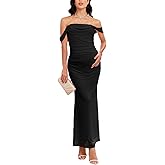 AISWI Women's Maternity Off The Shoulder Maxi Dress Mesh Ruched Bodycon Pregnancy Dresses Baby Shower Photoshoot