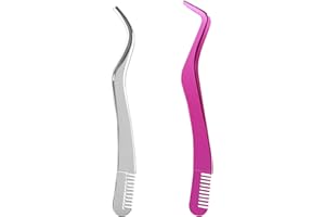 2PCS Eyelash Extension Tweezers, Stainless Steel Lash Tweezers with Comb, 2 in 1 Lash Extension Tools False Eyelash Applicato