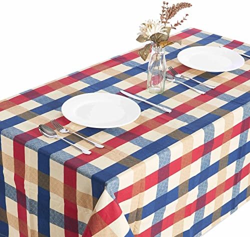Moldiy Modern Checkered Pattern Tablecloth Fabric Table Cover Woven Overlays for Kitchen Dining Living Room Home Decor,Rectangular,Blue Red and Beige,55"x86.61"
