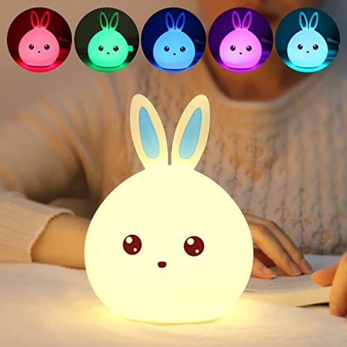xingrass Baby Kids Night Light Kawaii Silicone Bunny Rabbit Lamp Tap Control Color Changing Breathing Light for Children,Funny Nighttime Buddy (Blue Bunny Ears)