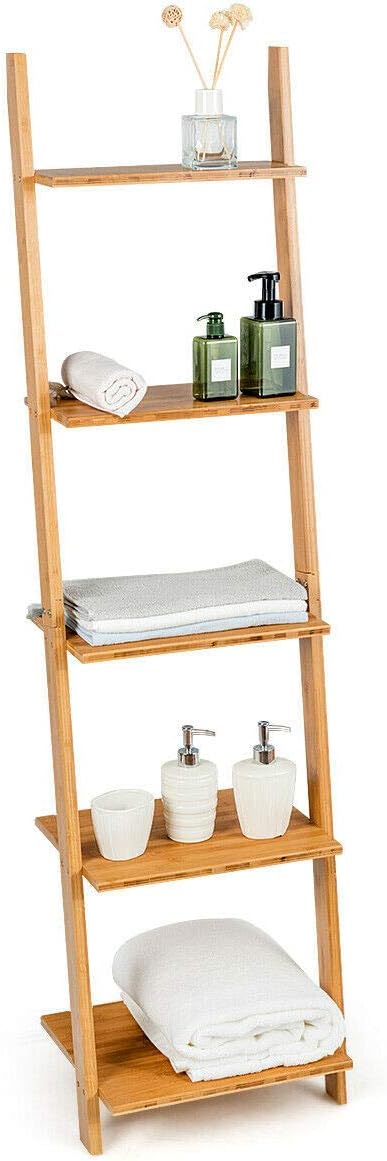 simplyUSAhello 5-Tier Ladder Shelf Modern Bamboo Leaning Bookshelf Ladder Bookcase