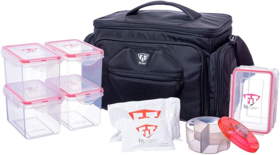 Fitmark Shield Large Midnight Meal Prep Insulated Bag with Portion Control Meal Containers, Reusable Ice Packs, and Vitamin Container