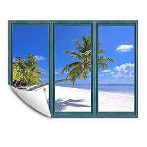Wall Murals for Bedroom Fake Window Beach Blue Window Removable Wallpaper Peel and Stick Wall Stickers - 24x32 inches