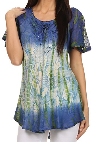 Sakkas 14783 - Dina Relaxed Fit Sequin Tie Dye Embroidery Cap Sleeves Blouse / Top - Blue / Beige - OS