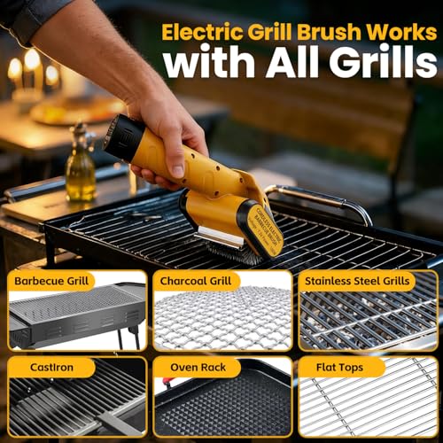 Qimedo Electric Grill Brush for BBQ – Powerful Barbecue Cleaning Brush with 2 Rechargeable Batteries & 2 Replaceable Stainless Steel Heads for Grill Grates, Flat Tops & Plancha