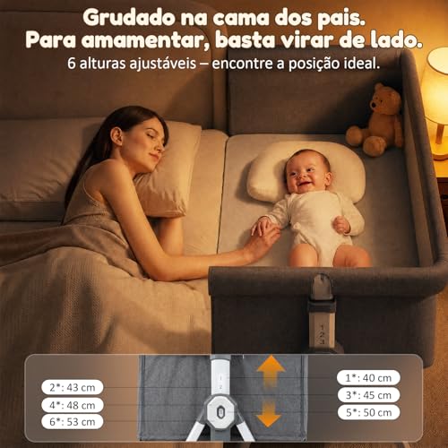 OLANENEM 6 em 1 Berço Portátil, Berço Moisés com Fraldário e Mosquiteiro, Berço Acoplado à Cama com Suporte Triangular de Aço Carbono, 6 Alturas e Inclinação Antirrefluxo 5°(Cinza)