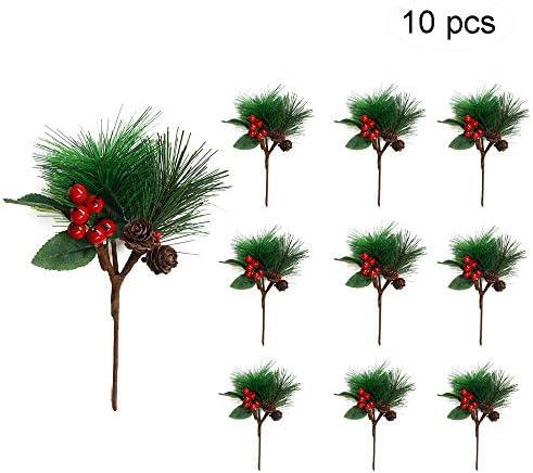 EchoDone 10pcs Small Artificial Pine Picks Pinecone Red Berries Branches for Christmas Flower Arrangements Wreaths and Holiday Decorations