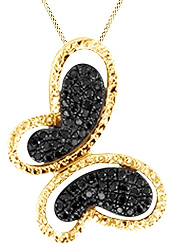 Black & White Natural Diamond Butterfly Pendant Necklace In 14k Yellow Gold