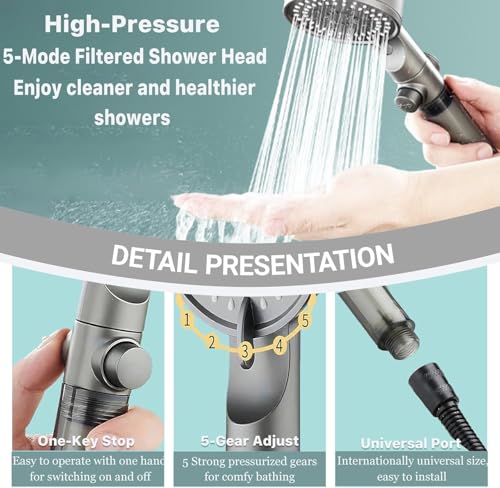 Chenghoo HydroBoost High Pressure 5 Mode Filtered Shower Head, 2 Handheld Shower Heads & 17 Filter Cartridges, Built-in Power Wash for Hard Water，One-Touch Pause Button, Easy Install