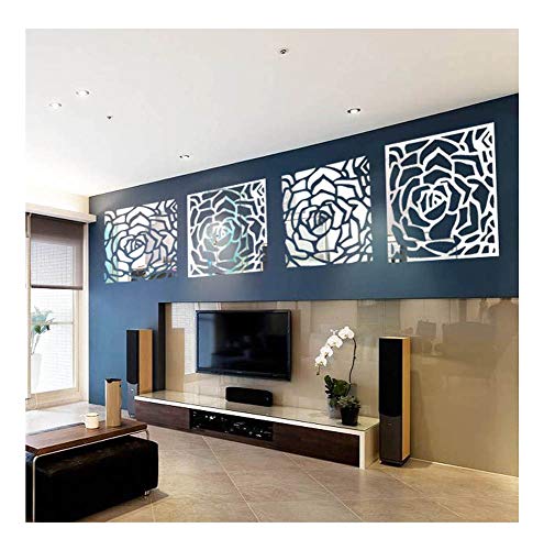 Romantic 4 Rose Flower Wall Art DIY Acrylic Mirror Crystal Wall Sticker TV Sofa Background Decorative 3D Mural Decals Living Room Bedroom Home Decor Decorations (Silver 20*80cm)