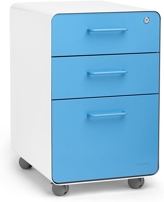 Amazon Com Poppin White Pool Blue Stow 3 Drawer Mobile File Cabinet Available In 10 Colors Letter Legal Locking Kitchen Dining