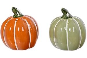 The Bridge Collection Fall Pumpkins Salt & Pepper Shaker Set - Green & Orange w/White Stripes Autumn Pumpkin Salt & Pepper Shakers - Fall Harvest Kitchen S&P Shakers