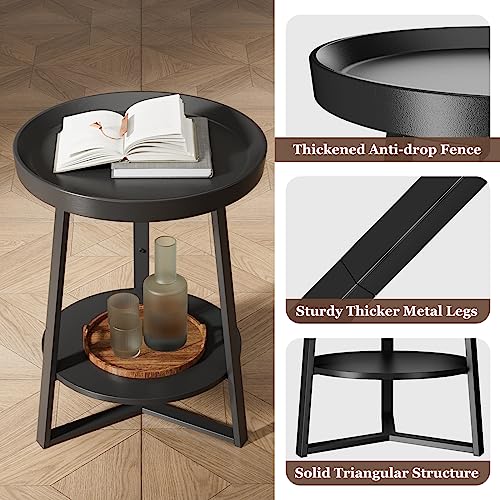 Gadroad Round End Table with Storage Shelf, 2 Tier Farmhouse Circle Side Table Nightstand Sofa Table for Living Room, Bedroom, Wood Tabletop & Black Metal Frame (15.7 * 15.7 * 23inches, Black)