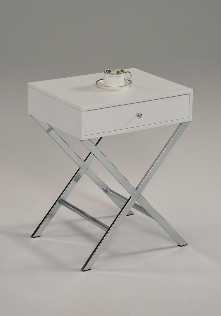 White Chrome Finish Modern X-Shape Accent Side End Table Nighstand with Drawer