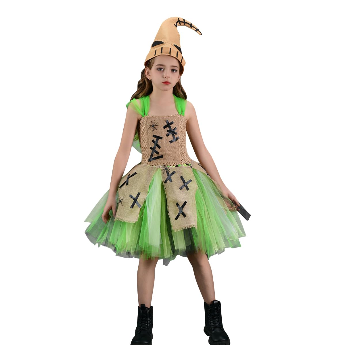 IDOPIP Kids Girls Halloween Costume Witch Cosplay Nightmare Doll Fancy Dress Puff Tulle Tutu Dresses Christmas Eve Dress Up with Hat Green XXL/10-12Y